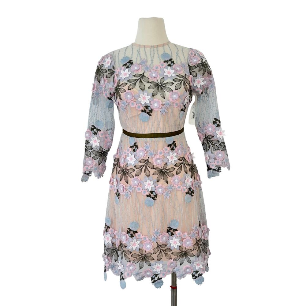 Foxiedox Floral Appliqué Mesh Mini Dress Embroidered Long Sleeve XS NWT